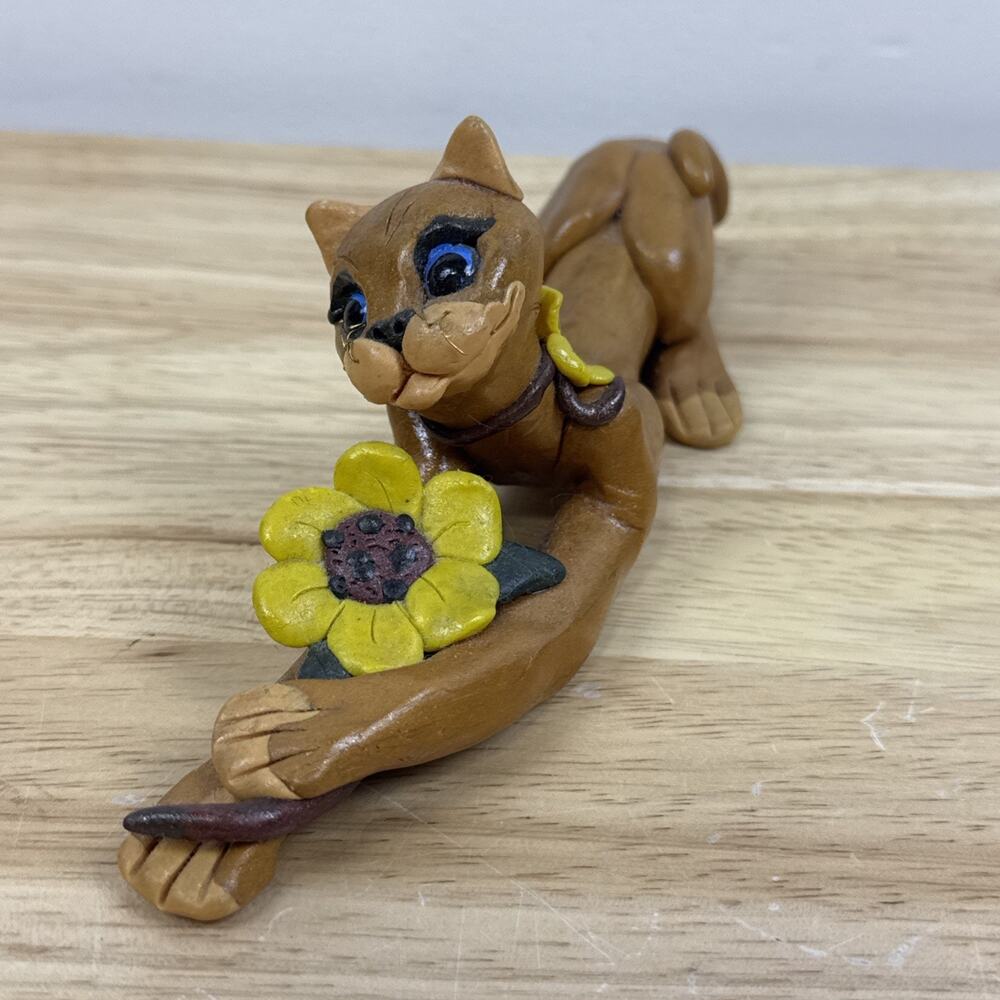 Vintage Handmade Clay Cat Figurine 7” Cat Lady Trinket Collectible